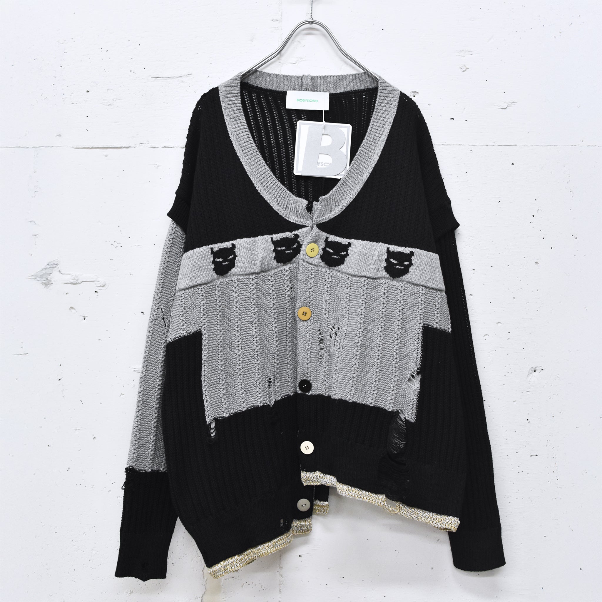 BODYSONG. / REVERSIBLE DISTRESSED SUMMER KNIT CARDIGAN - BLACK