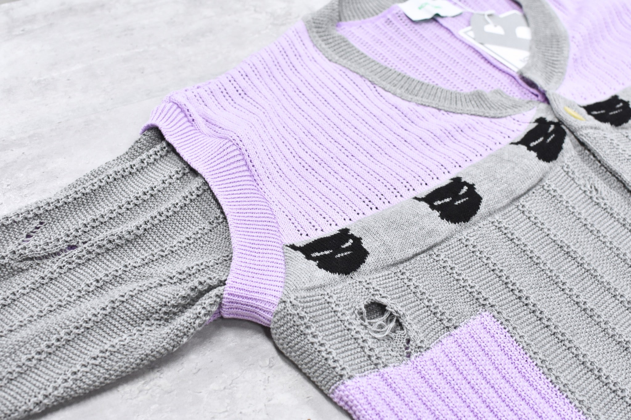 BODYSONG. / REVERSIBLE DISTRESSED SUMMER KNIT CARDIGAN - PURPLE