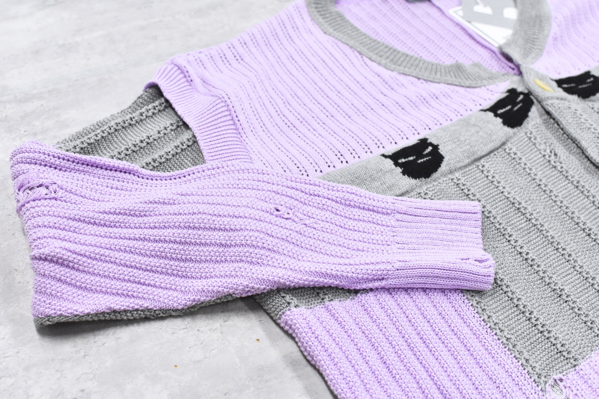 BODYSONG. / REVERSIBLE DISTRESSED SUMMER KNIT CARDIGAN - PURPLE