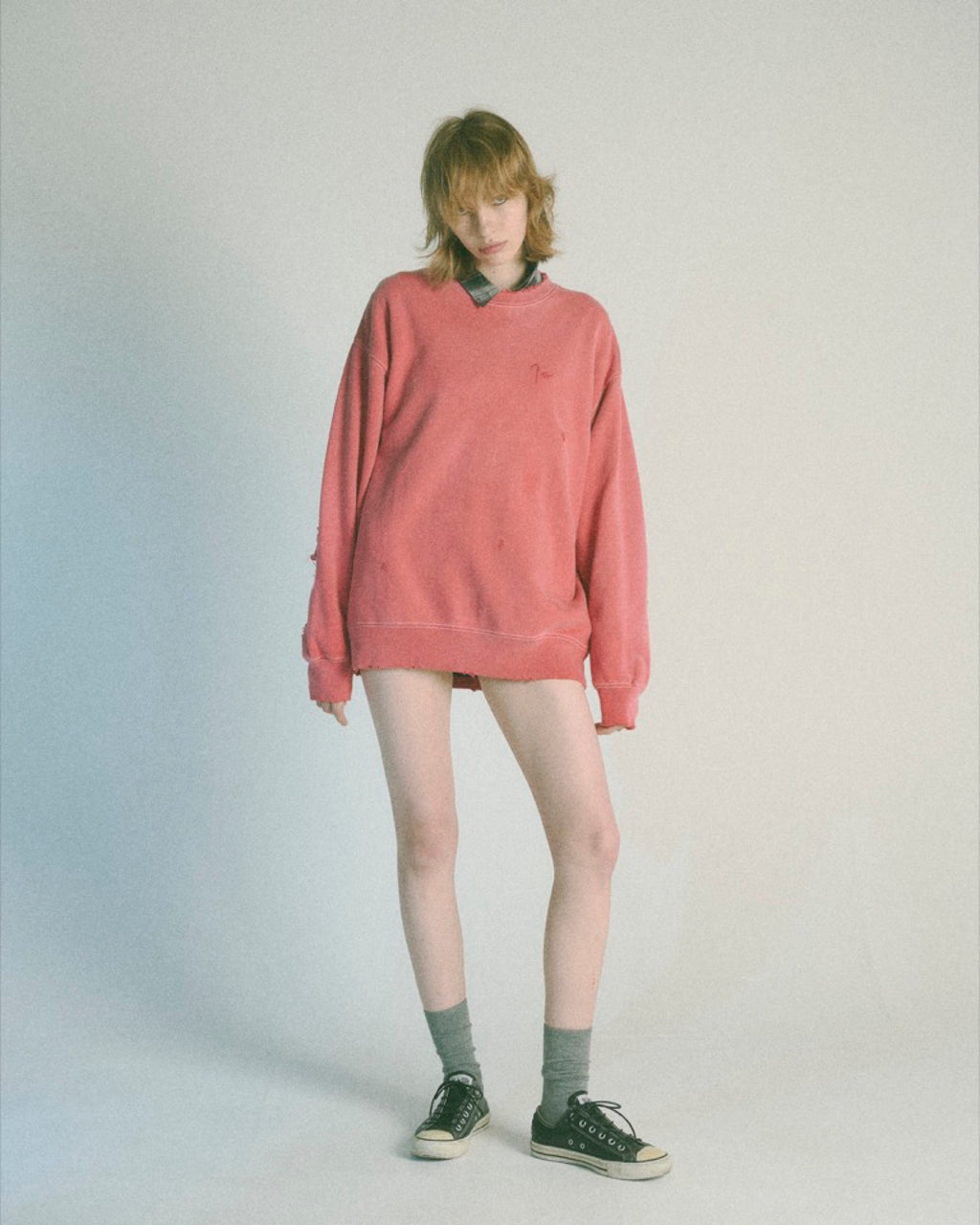 THE JEAN PIERRE / Pigment Grunge Destroy Sweat Shirt - FADE RED