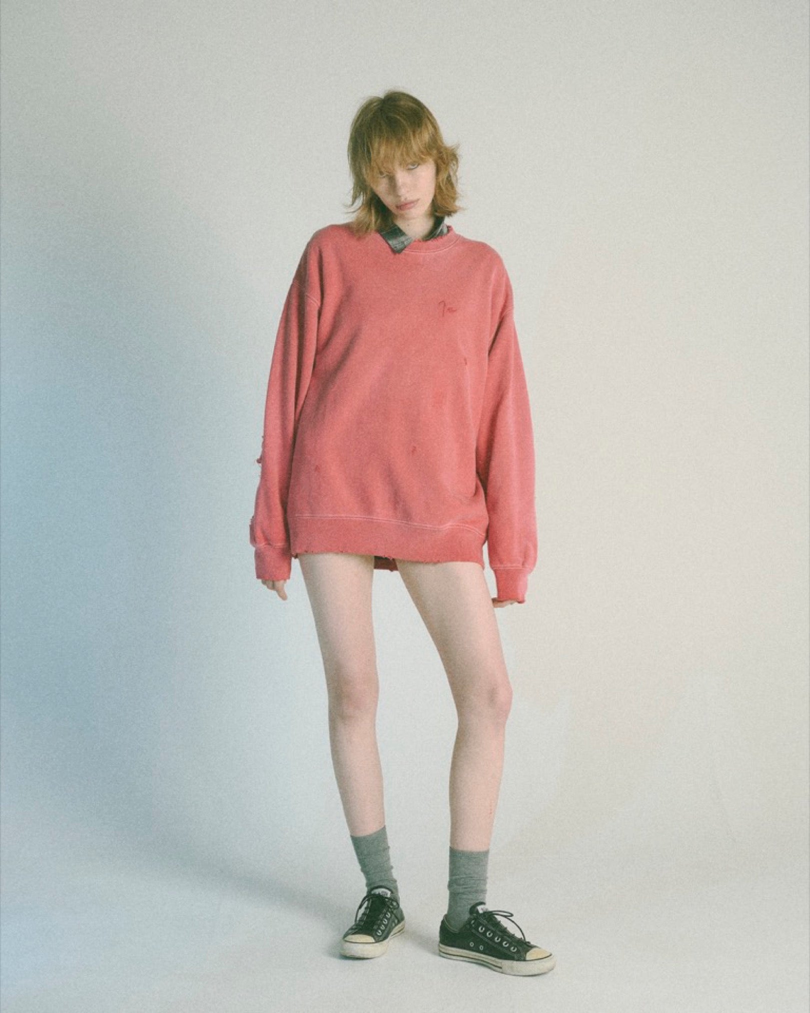 THE JEAN PIERRE / Pigment Grunge Destroy Sweat Shirt - FADE RED