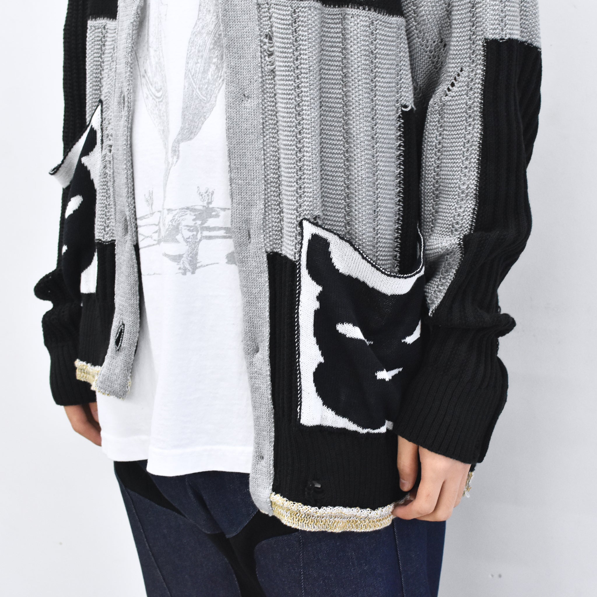BODYSONG. / REVERSIBLE DISTRESSED SUMMER KNIT CARDIGAN - BLACK