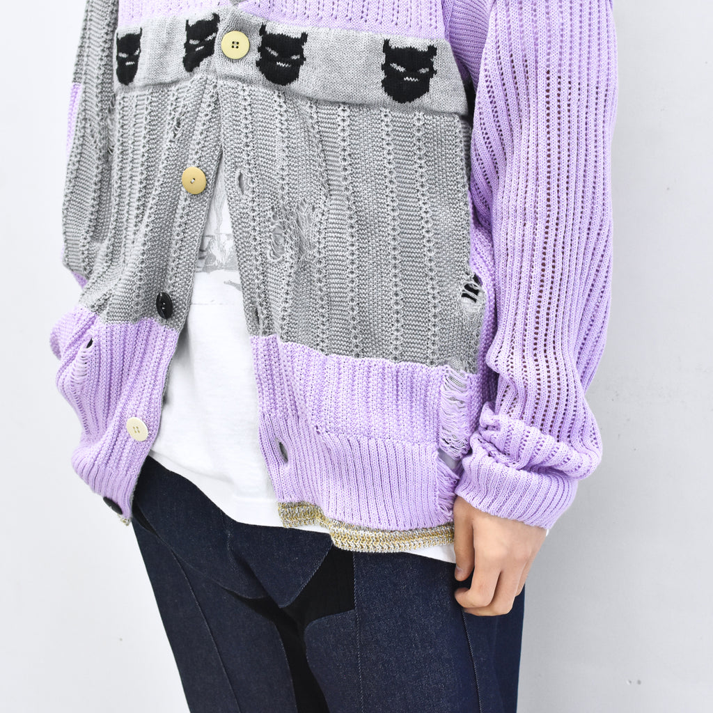 BODYSONG. / REVERSIBLE DISTRESSED SUMMER KNIT CARDIGAN - PURPLE