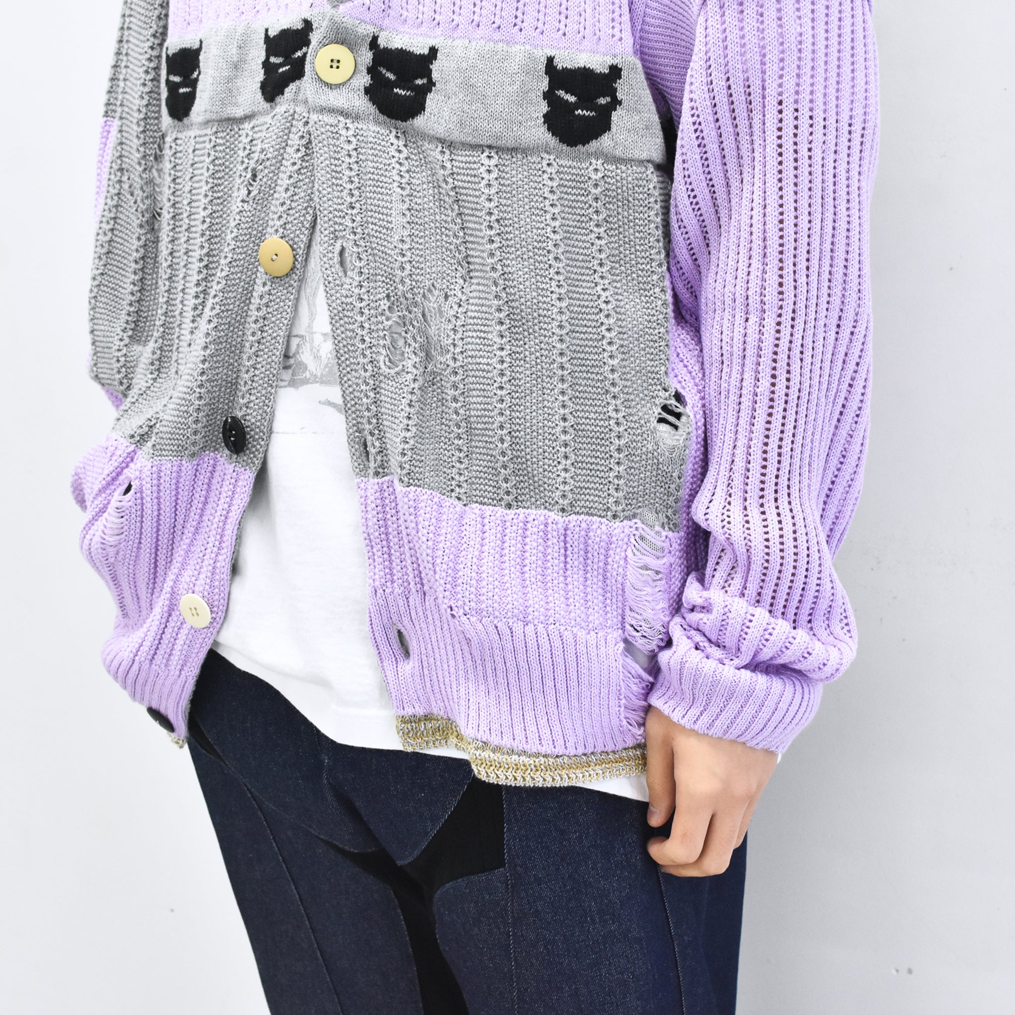 BODYSONG. / REVERSIBLE DISTRESSED SUMMER KNIT CARDIGAN - PURPLE