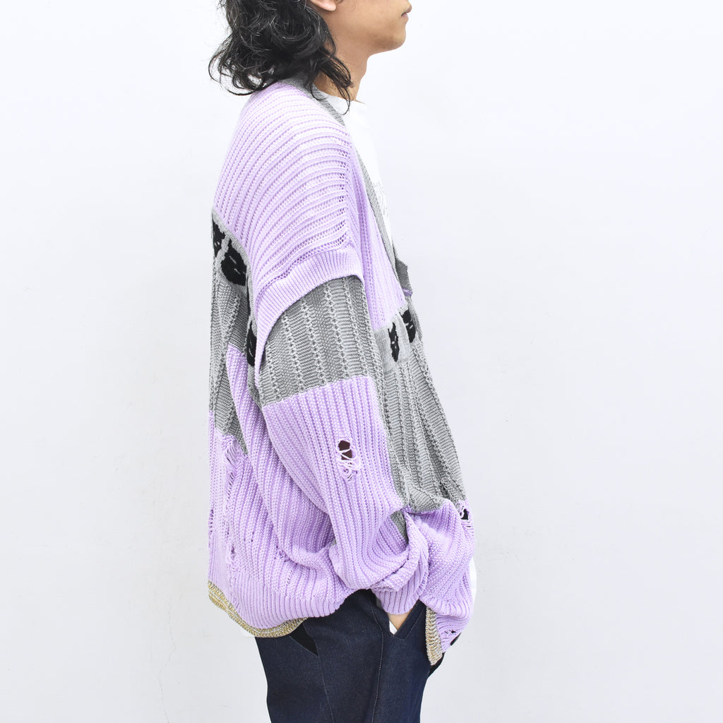 BODYSONG. / REVERSIBLE DISTRESSED SUMMER KNIT CARDIGAN - PURPLE