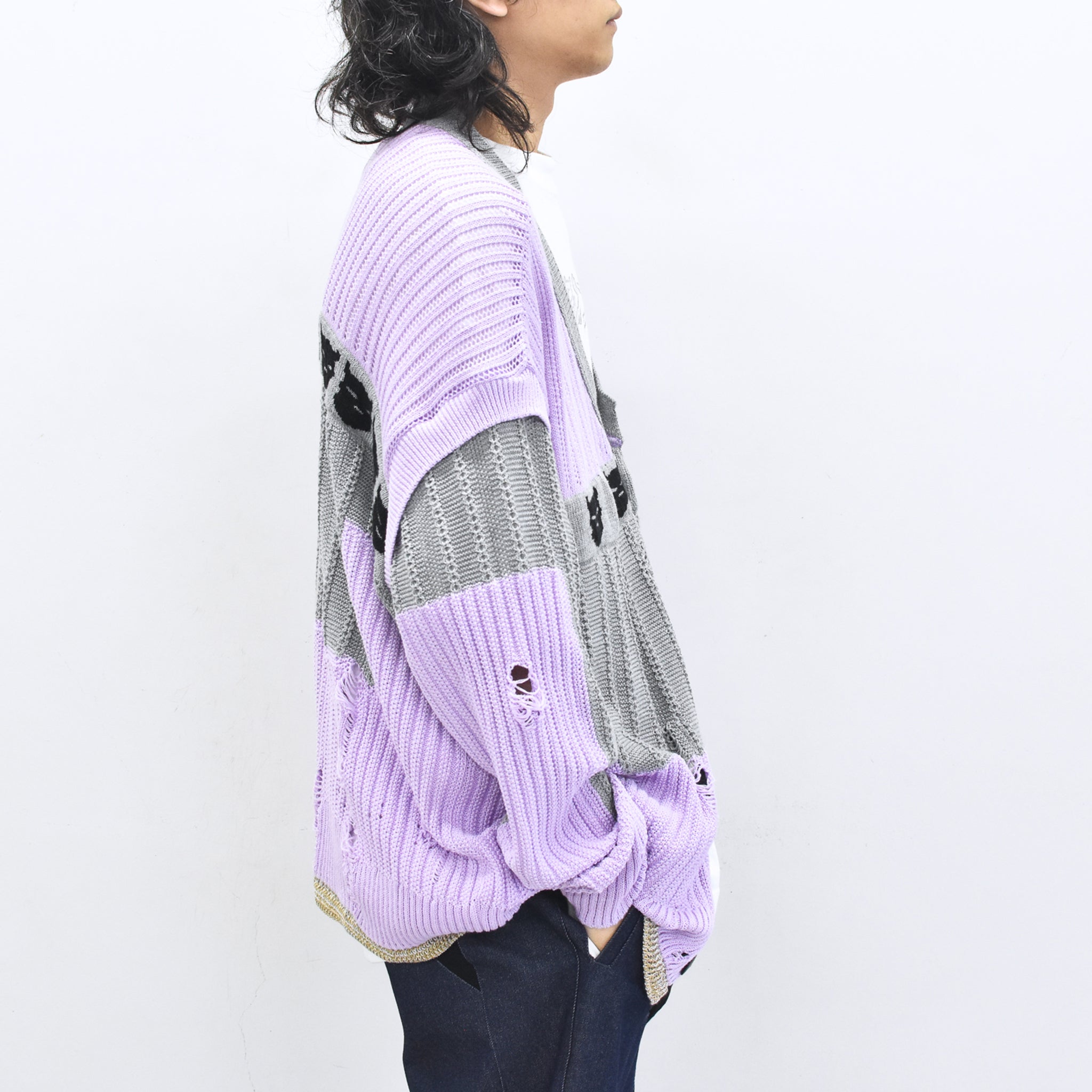BODYSONG. / REVERSIBLE DISTRESSED SUMMER KNIT CARDIGAN - PURPLE