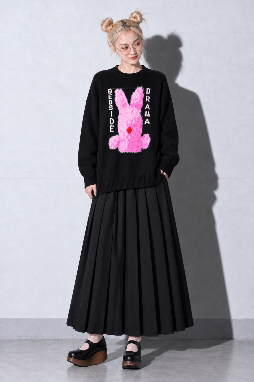 BEDSIDEDRAMA / Pink Rabbit Wide Knit Sweater - BLACK