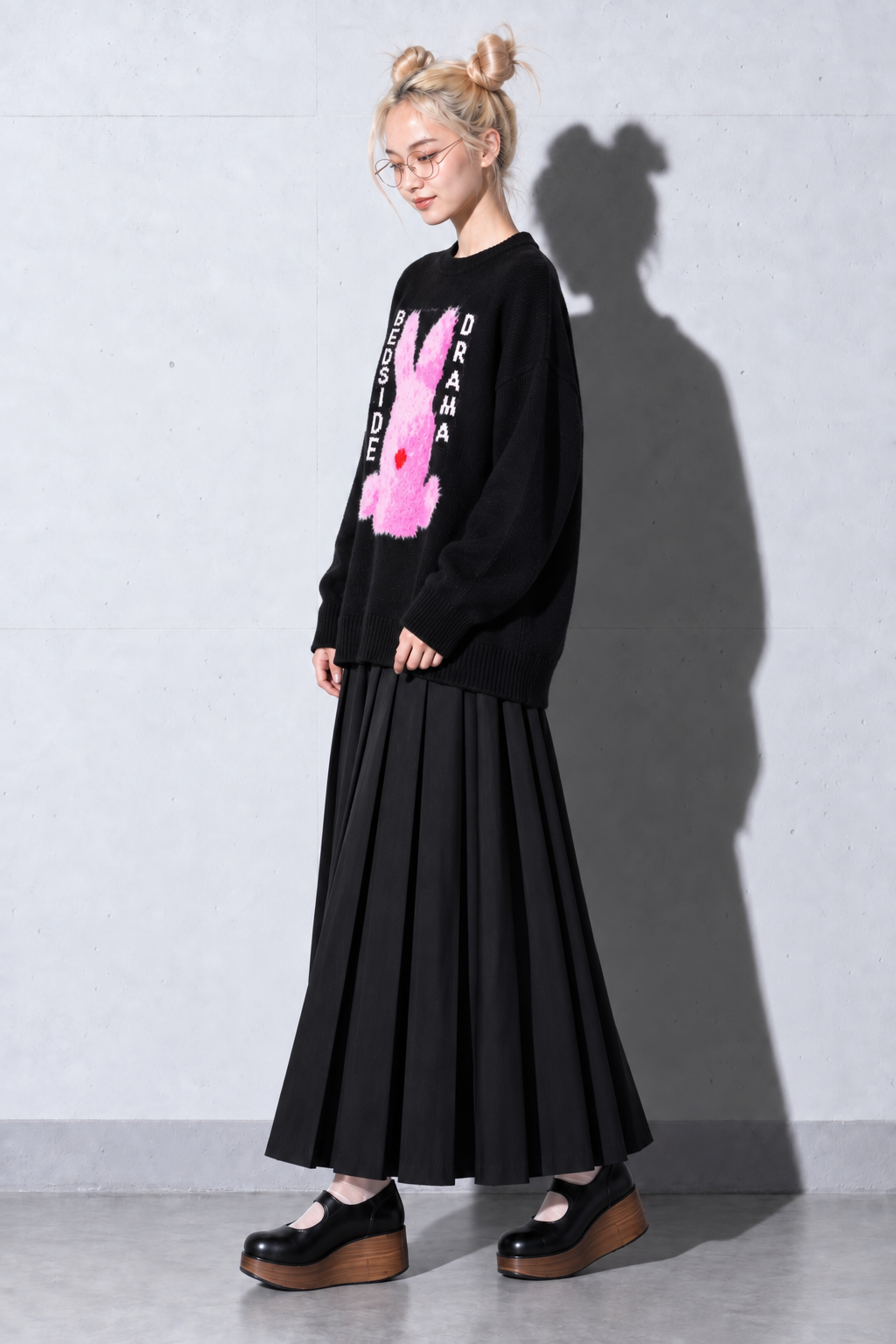 BEDSIDEDRAMA / Pink Rabbit Wide Knit Sweater - BLACK