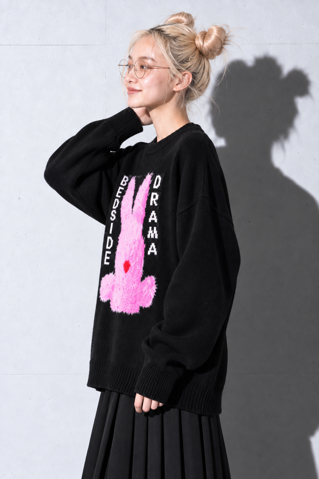 BEDSIDEDRAMA / Pink Rabbit Wide Knit Sweater - BLACK