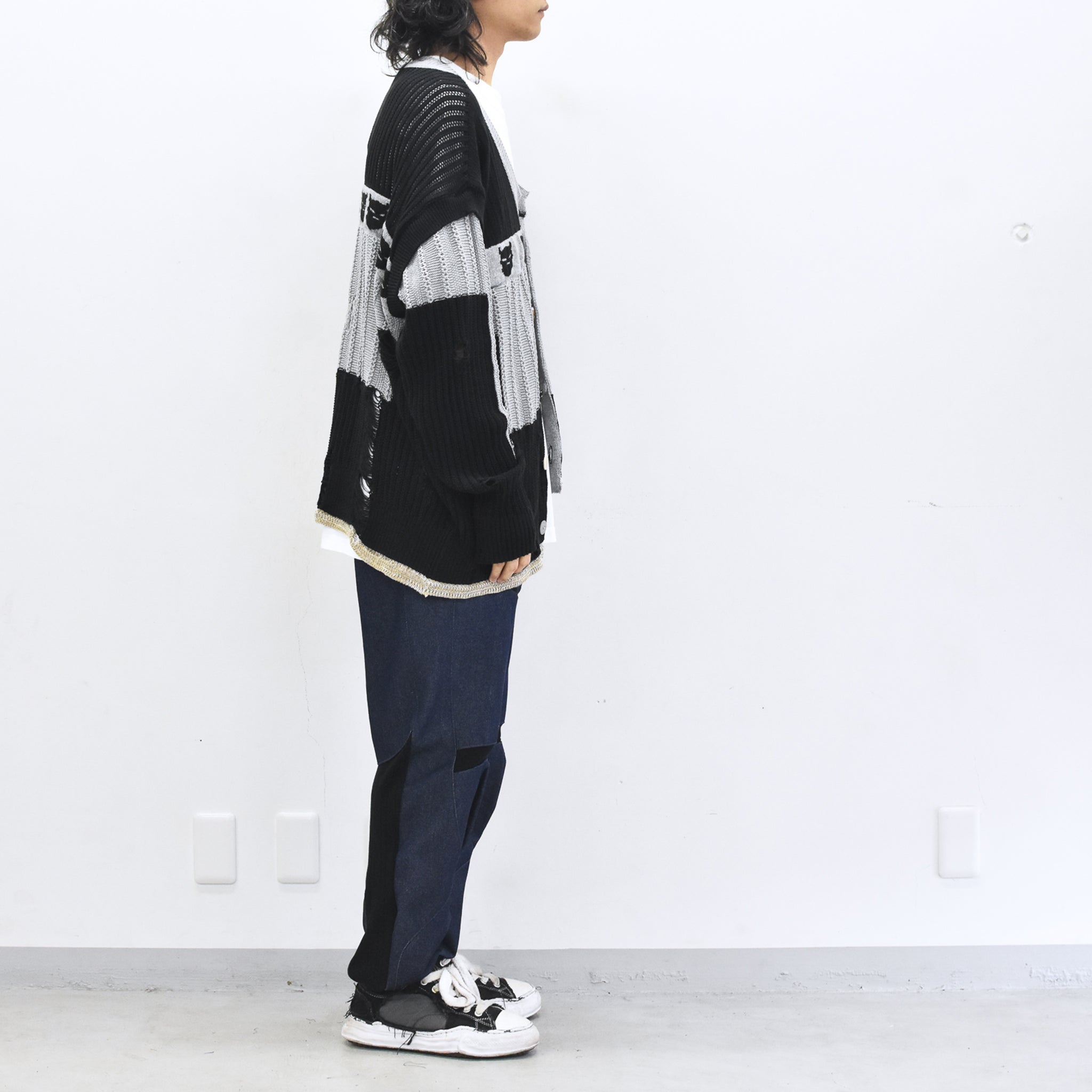 BODYSONG. / REVERSIBLE DISTRESSED SUMMER KNIT CARDIGAN - BLACK