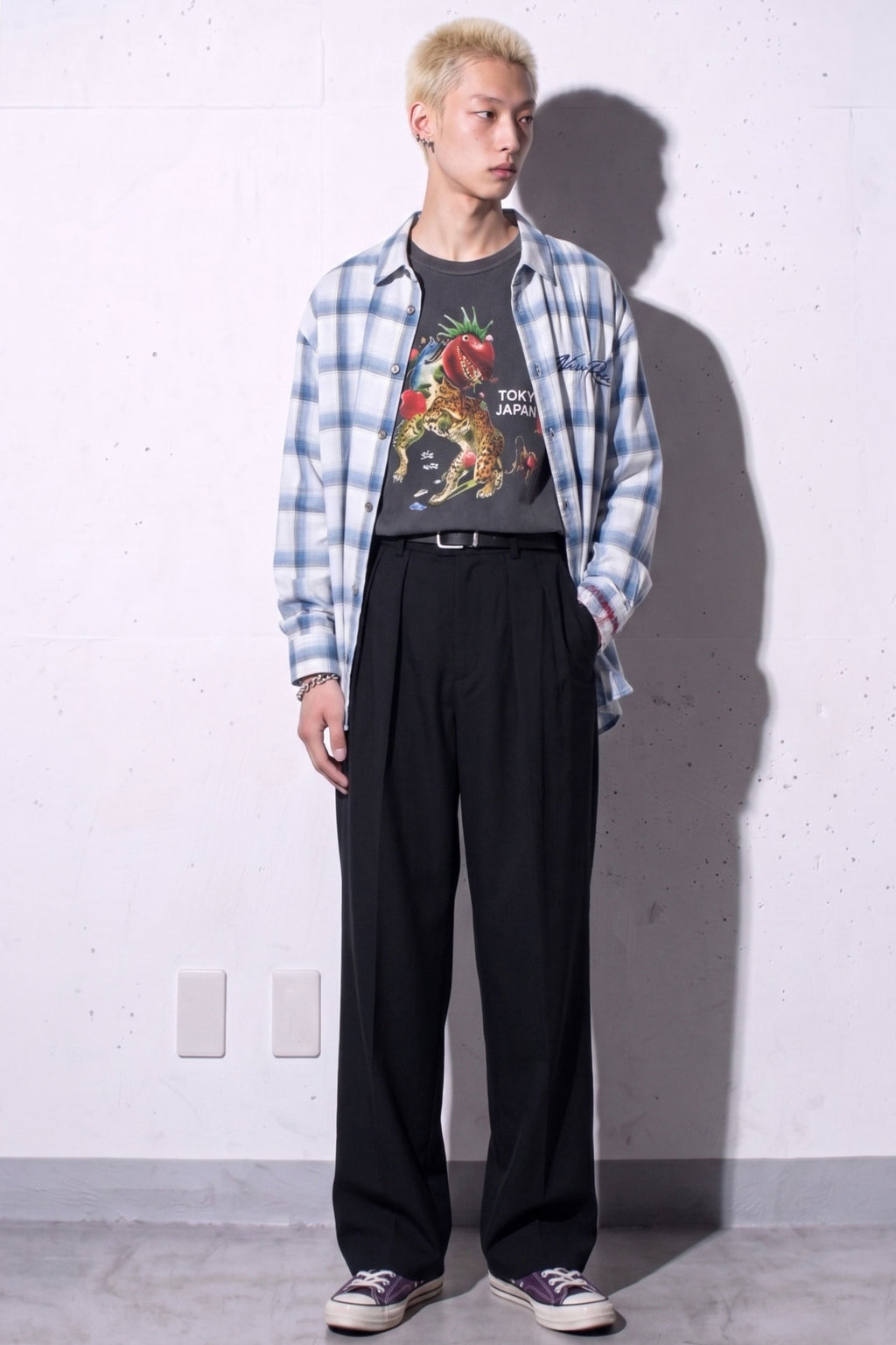 NewRose / Embroidery Wrinklework Long-sleeve Shirt - BLUE OMBRE STRIPE