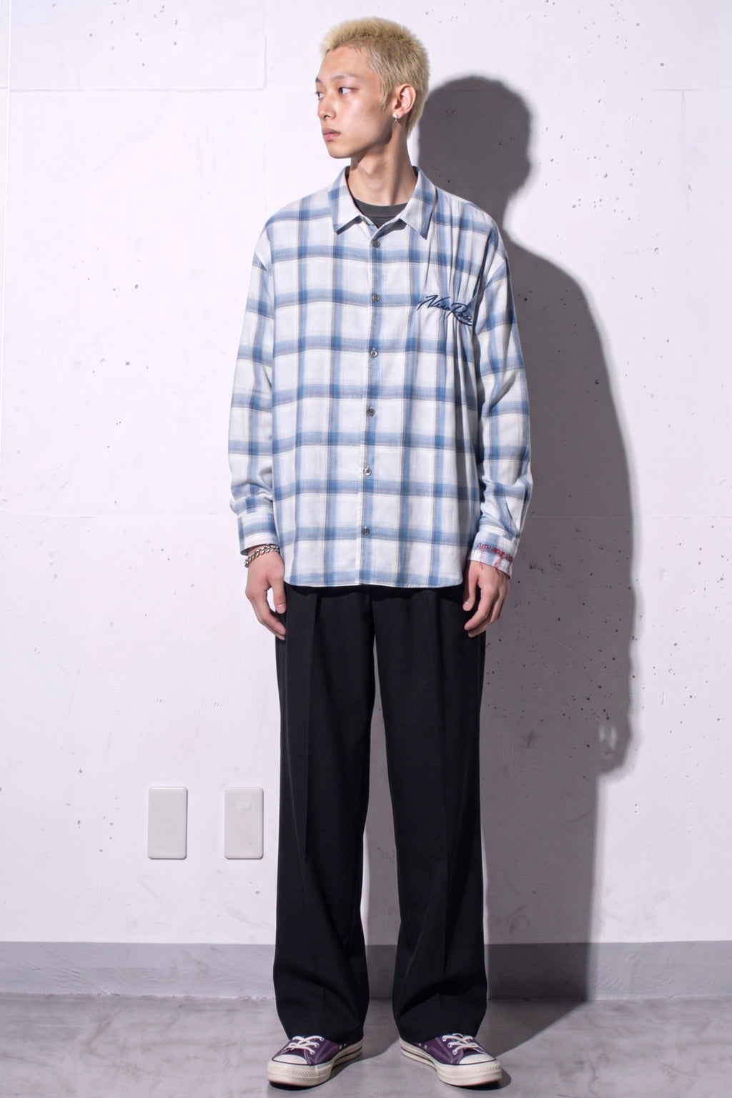 NewRose / Embroidery Wrinklework Long-sleeve Shirt - BLUE OMBRE STRIPE