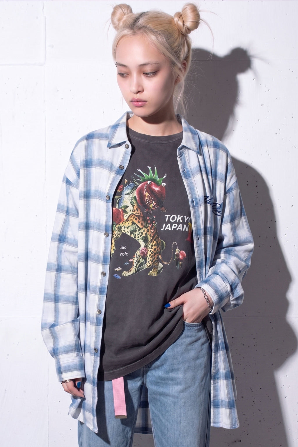 NewRose / Embroidery Wrinklework Long-sleeve Shirt - BLUE OMBRE STRIPE