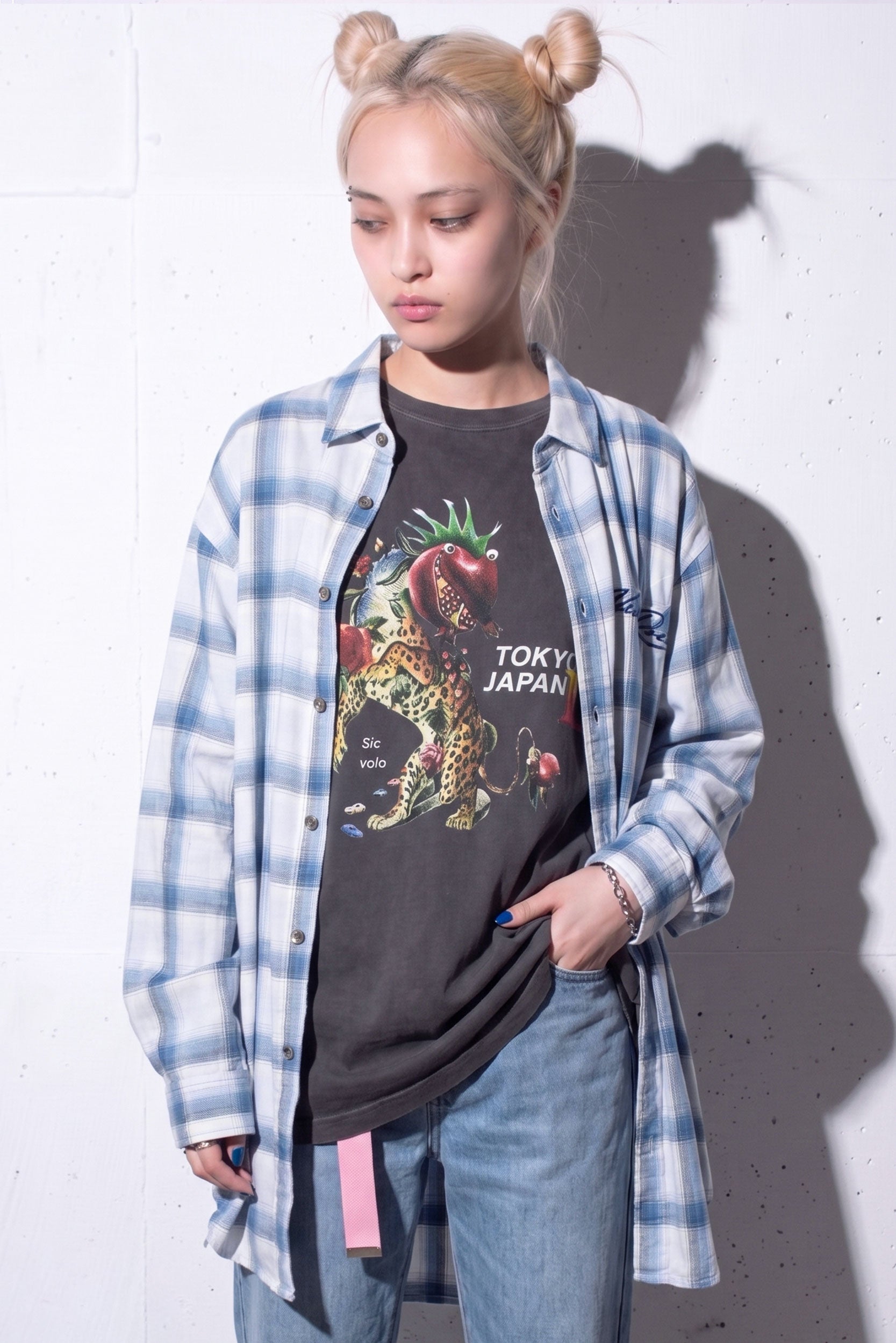 NewRose / Embroidery Wrinklework Long-sleeve Shirt - BLUE OMBRE STRIPE