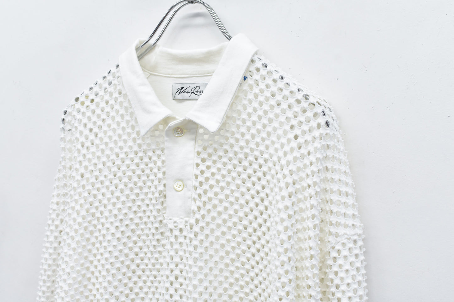NewRose / Punched Fabric Long-sleeved Polo Shirt - WHITE