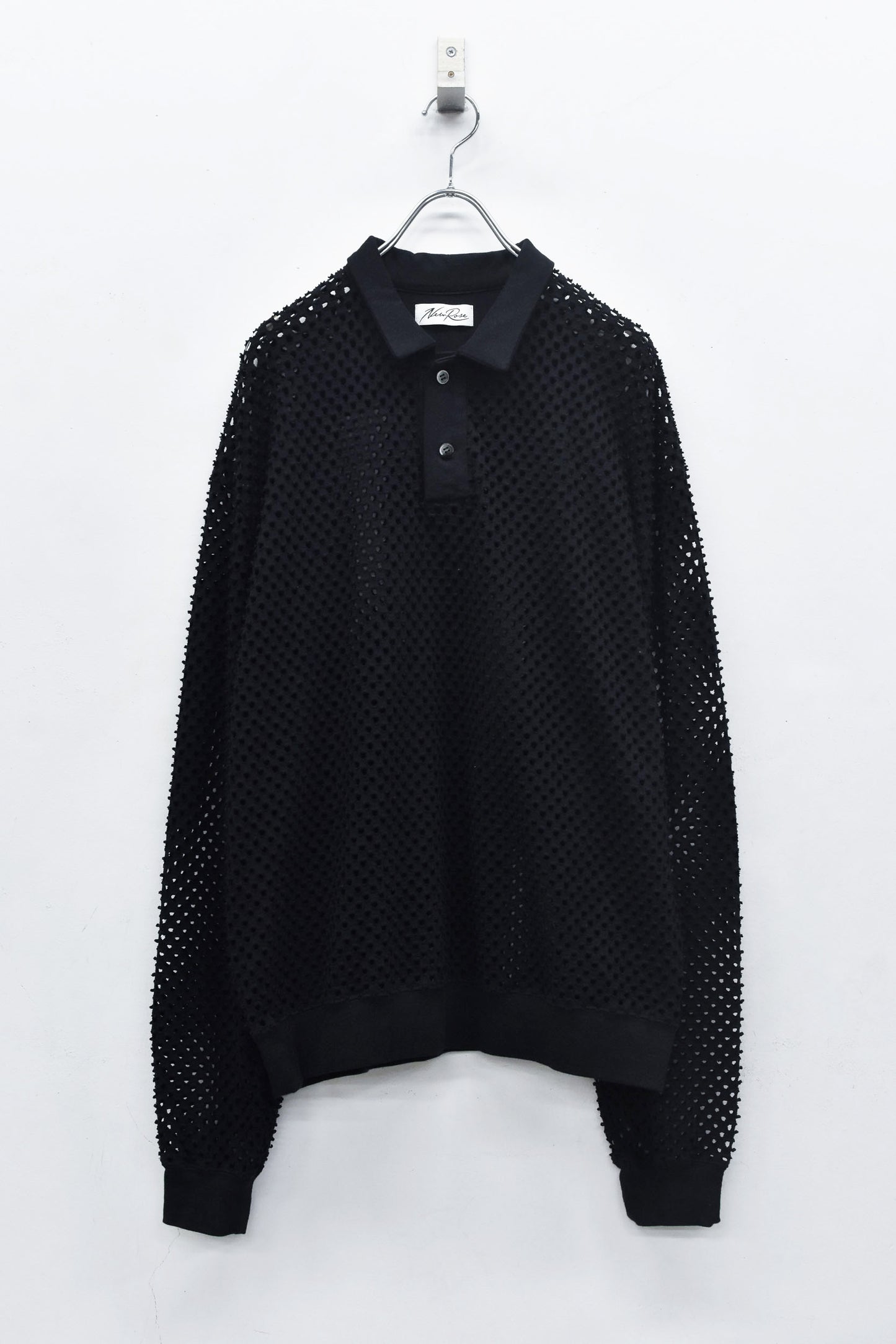NewRose / Punched Fabric Long-sleeved Polo Shirt - BLACK