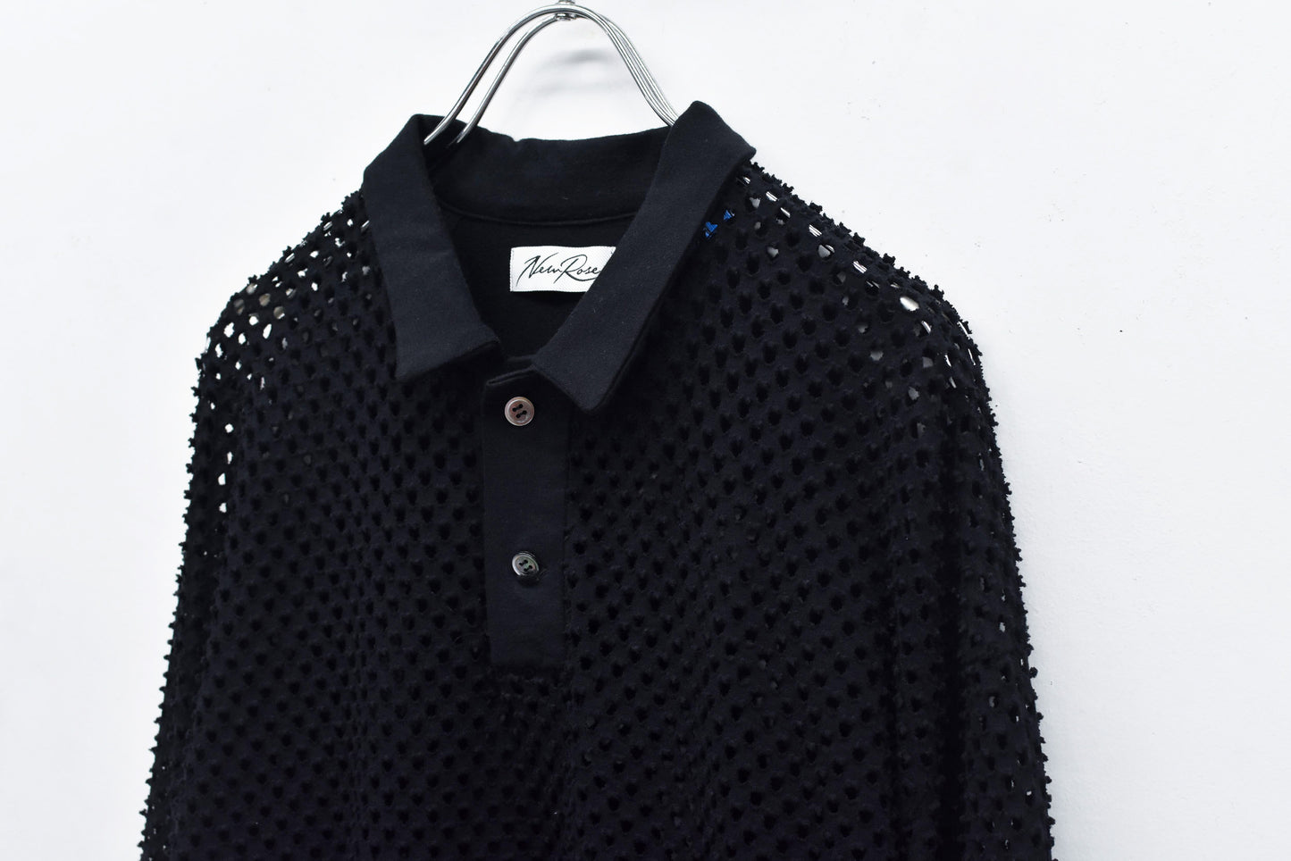 NewRose / Punched Fabric Long-sleeved Polo Shirt - BLACK