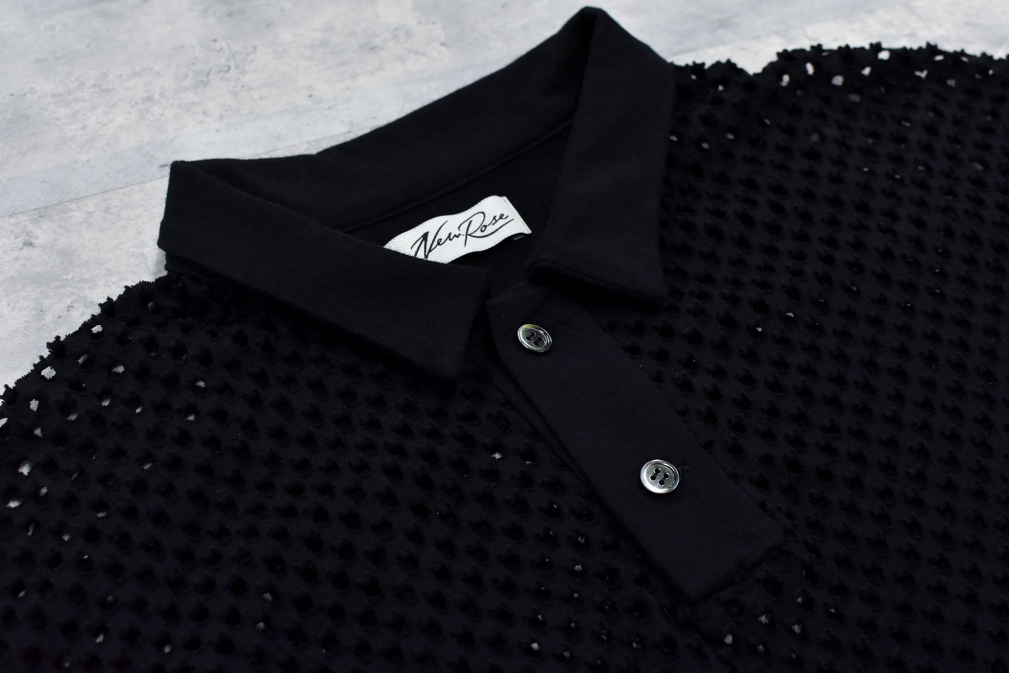 NewRose / Punched Fabric Long-sleeved Polo Shirt - BLACK
