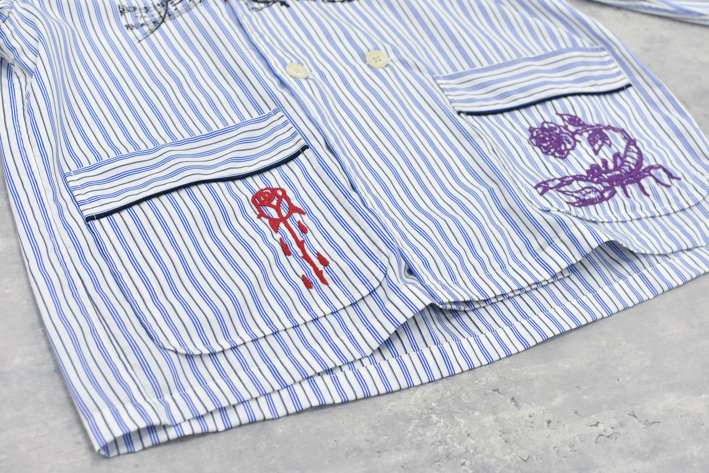 NewRose / Pajama Jacket Embroidery Print - BLUE STRIPE
