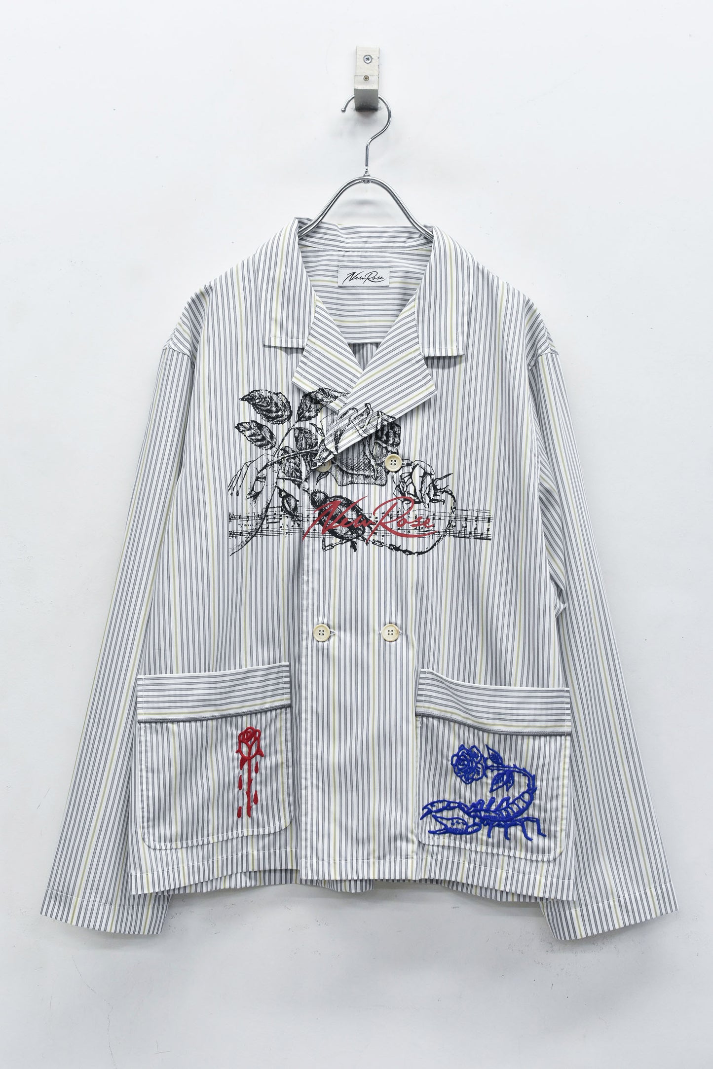 NewRose / Pajama Jacket Embroidery Print - GRAY STRIPE