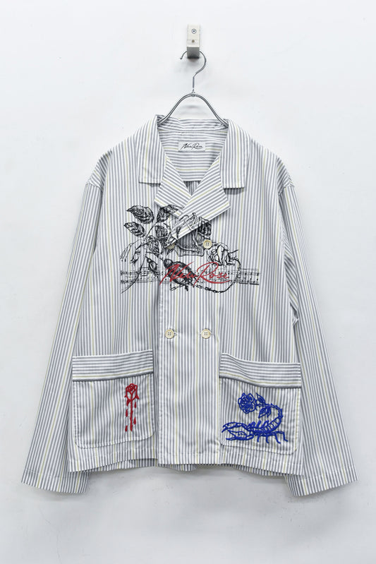 NewRose / Pajama Jacket Embroidery Print - GRAY STRIPE