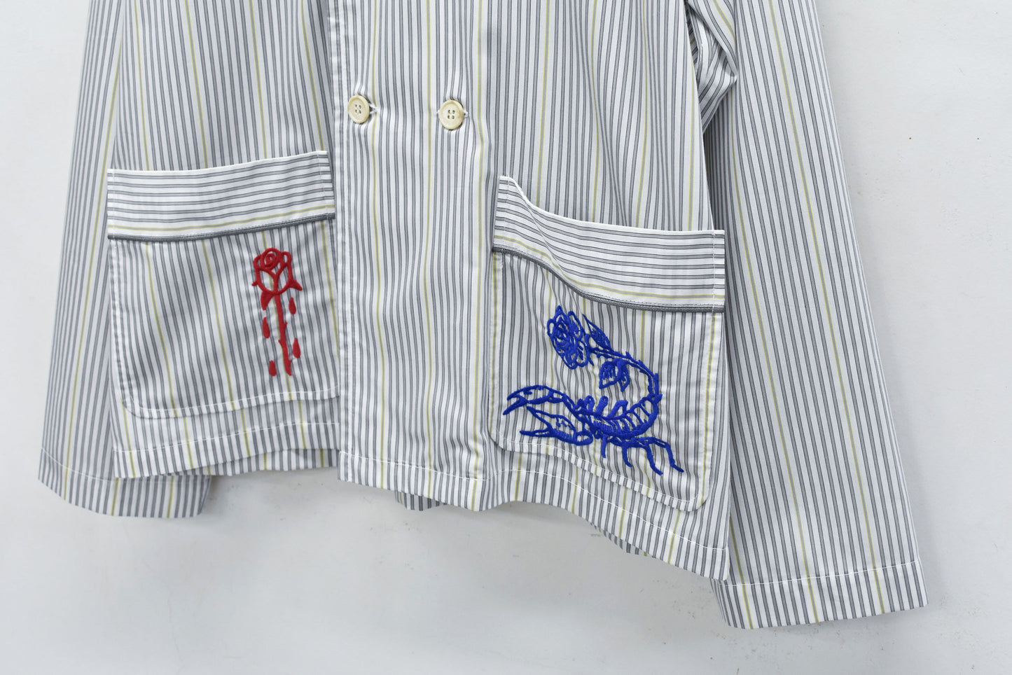 NewRose / Pajama Jacket Embroidery Print - GRAY STRIPE