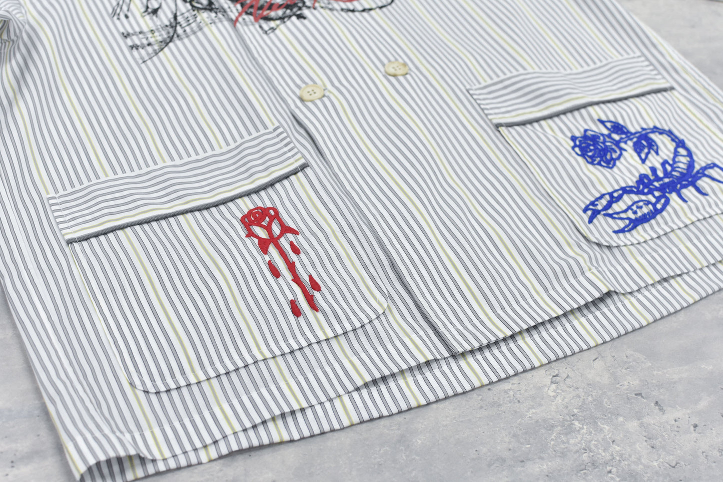 NewRose / Pajama Jacket Embroidery Print - GRAY STRIPE