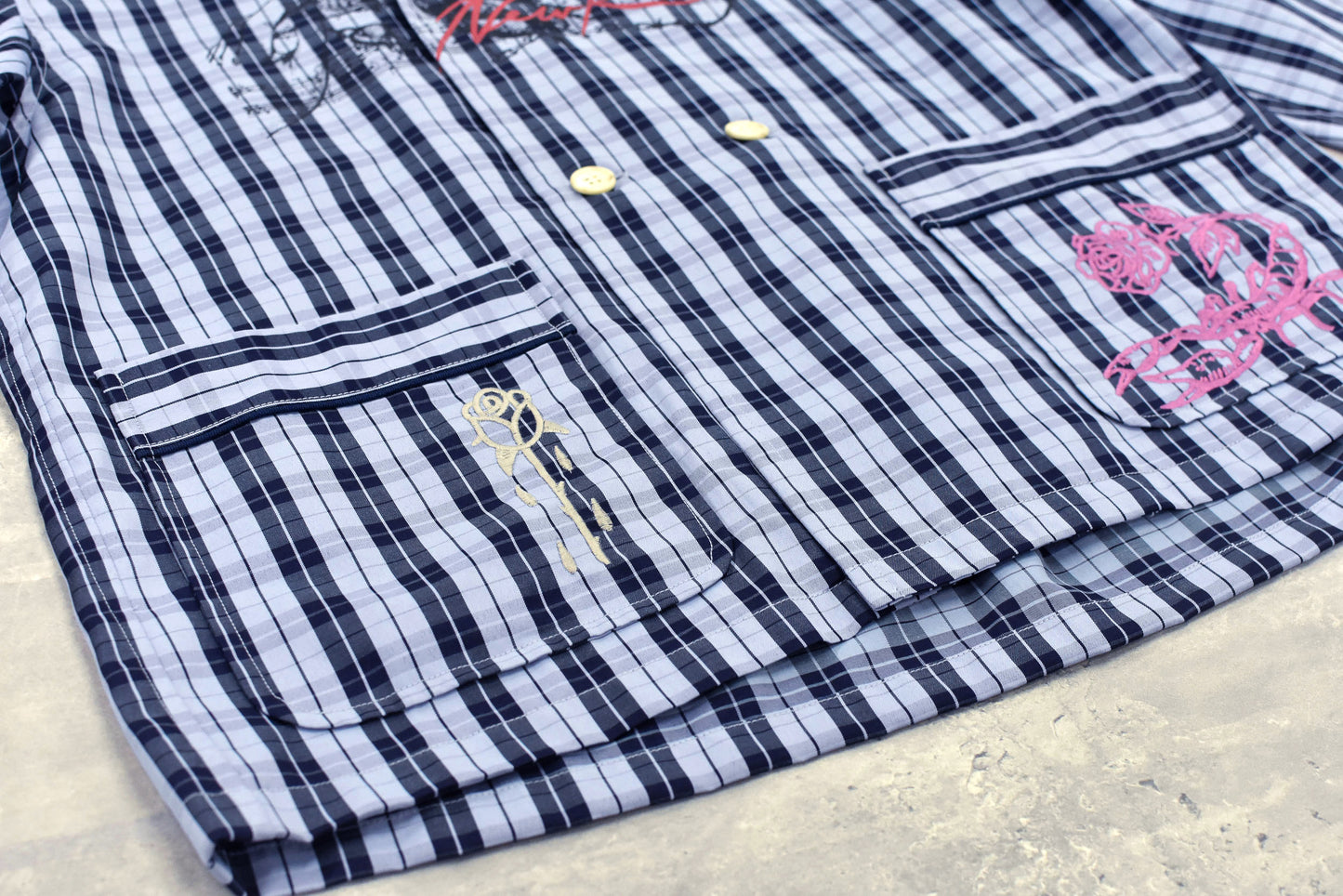 NewRose / Pajama Jacket Embroidery Print - BLUE CHECK