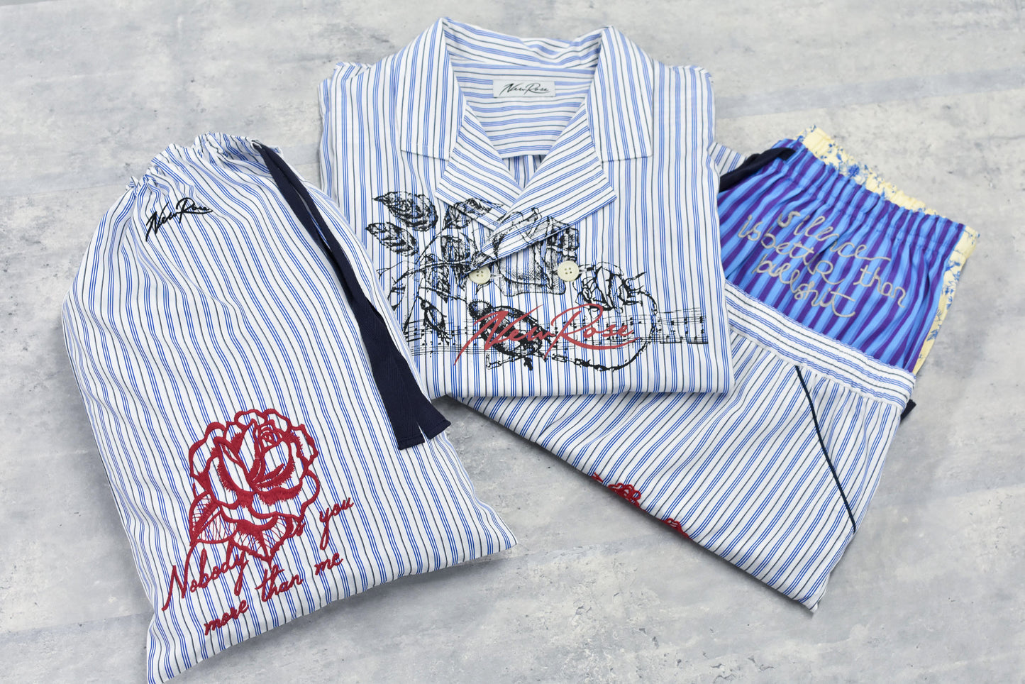 NewRose / Pajamas Bag Embroidery - BLUE CHECK