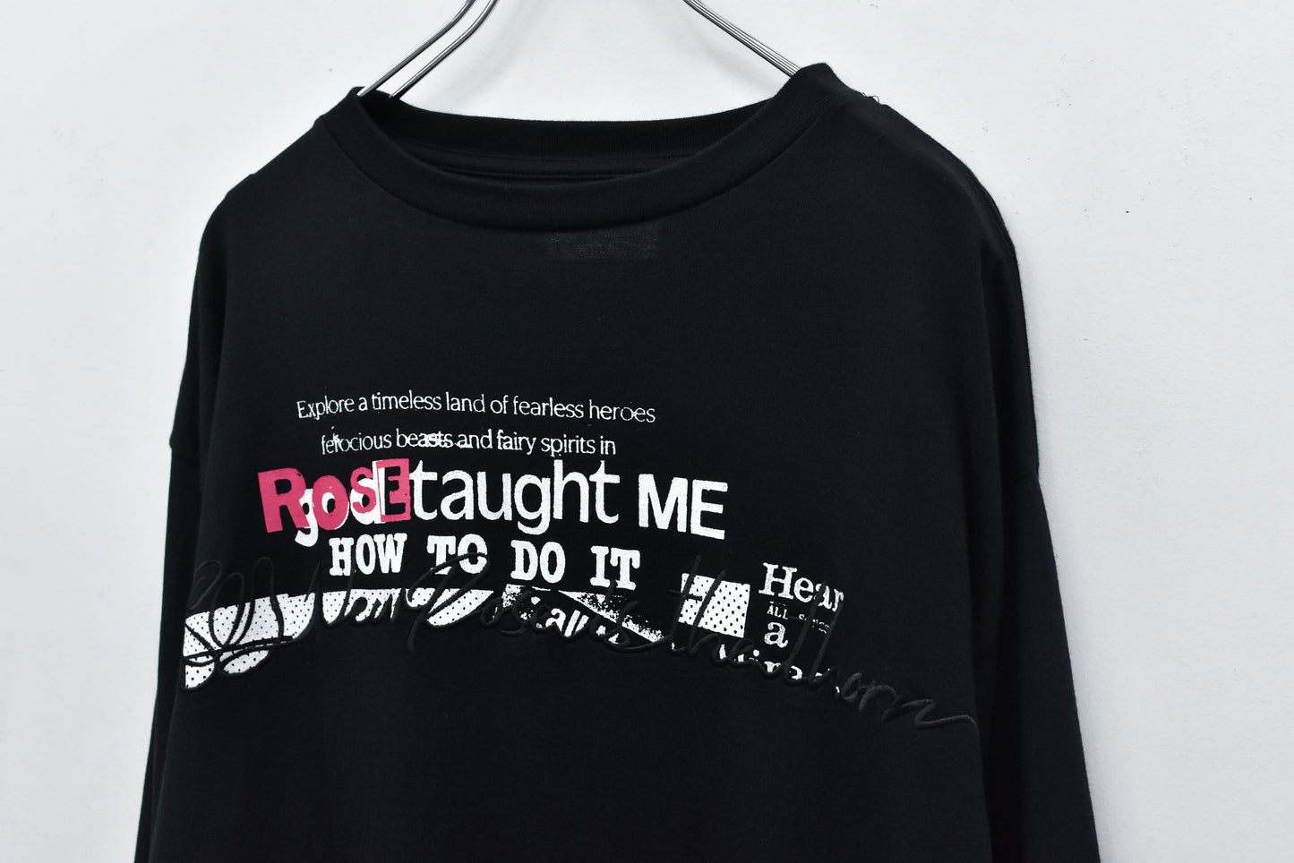 NewRose / Letter Embroidery Long Sleeve Shirt - BLACK