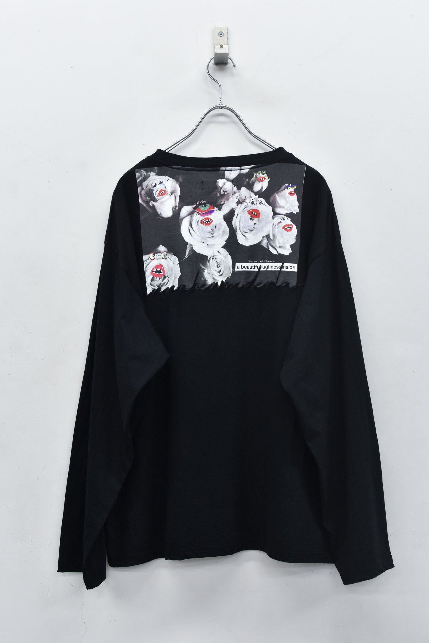 NewRose / Letter Embroidery Long Sleeve Shirt - BLACK