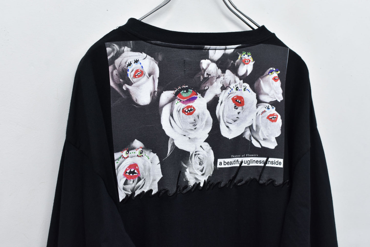 NewRose / Letter Embroidery Long Sleeve Shirt - BLACK