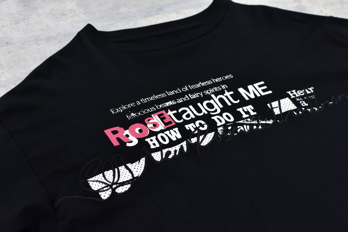 NewRose / Letter Embroidery Long Sleeve Shirt - BLACK