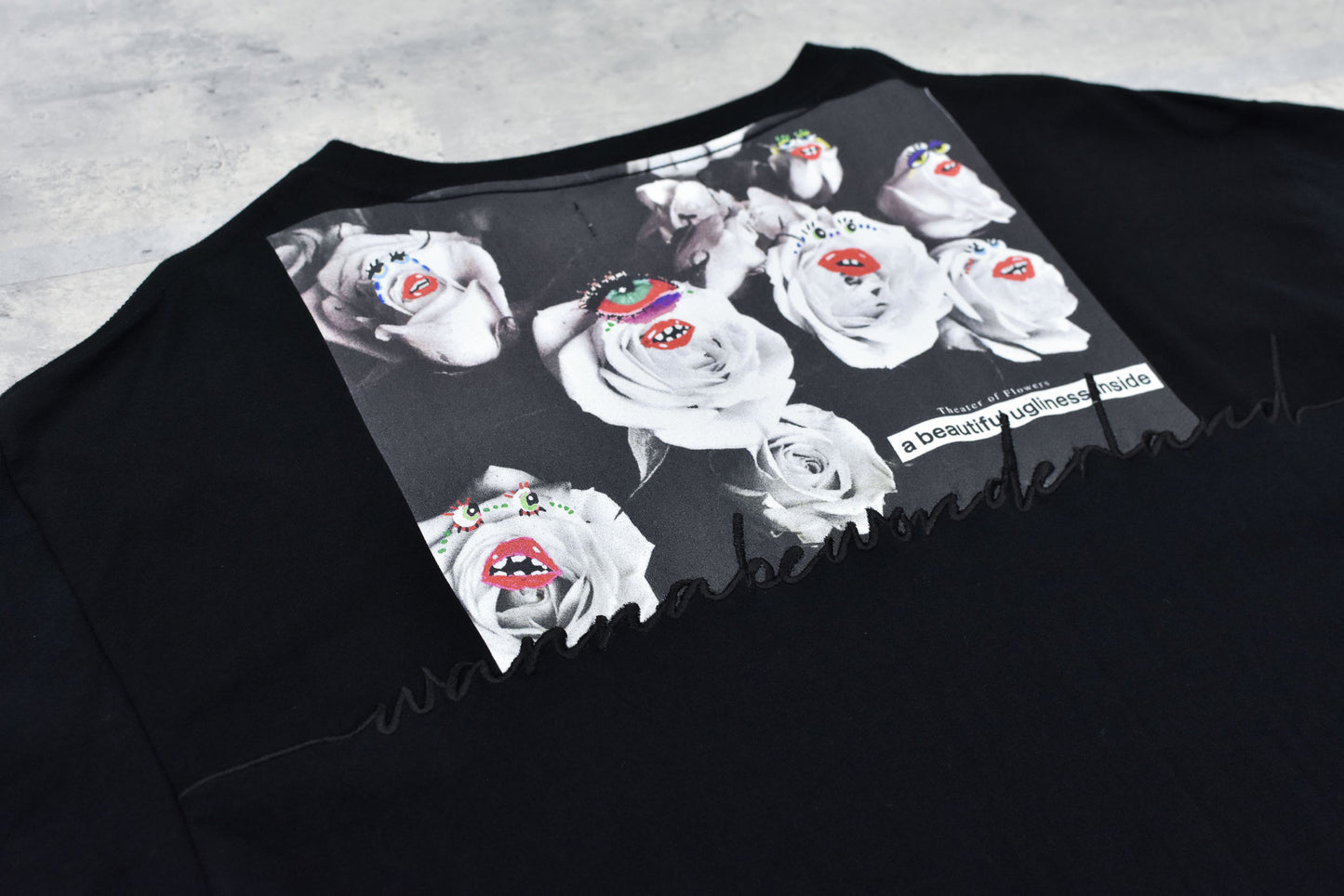 NewRose / Letter Embroidery Long Sleeve Shirt - BLACK