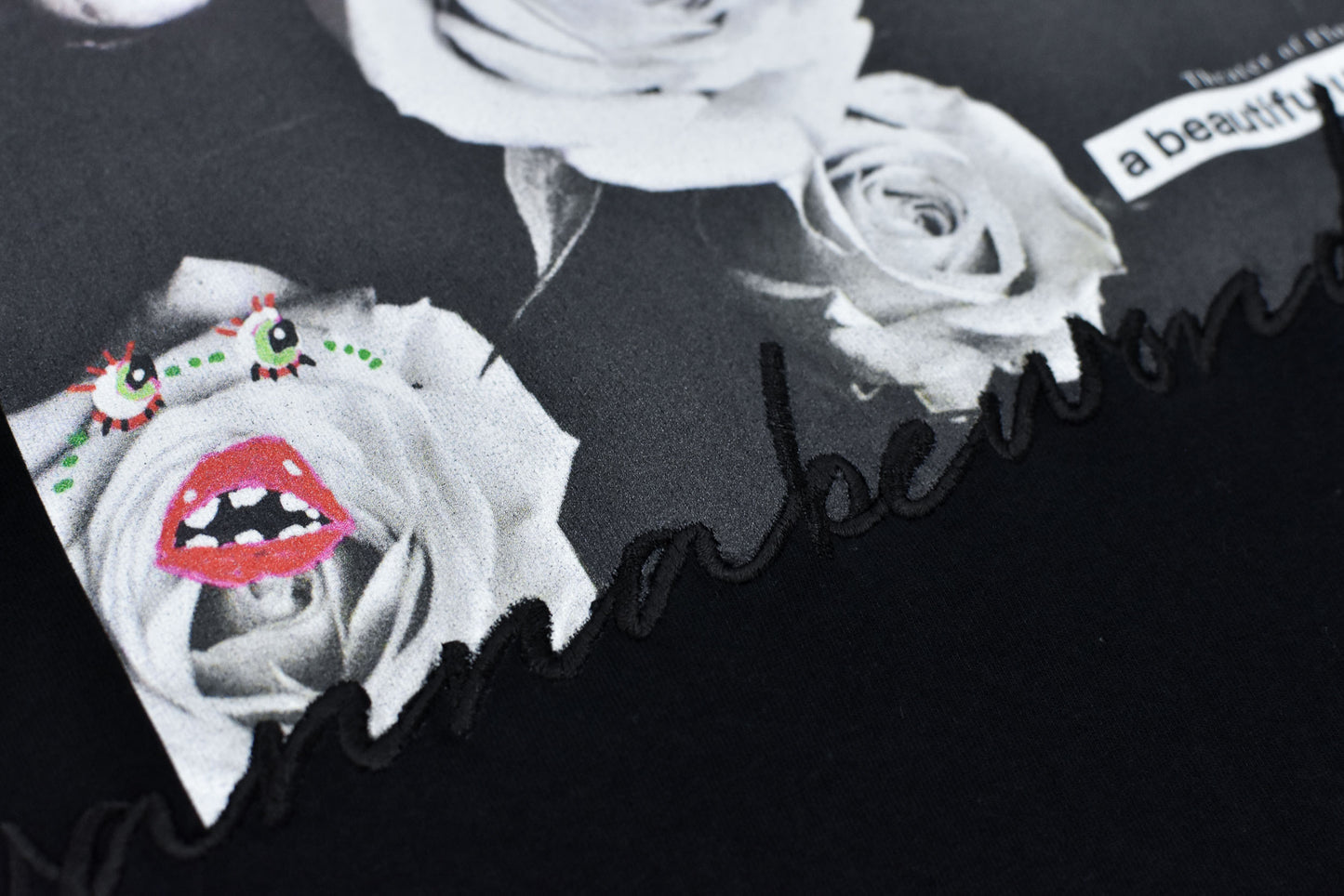 NewRose / Letter Embroidery Long Sleeve Shirt - BLACK