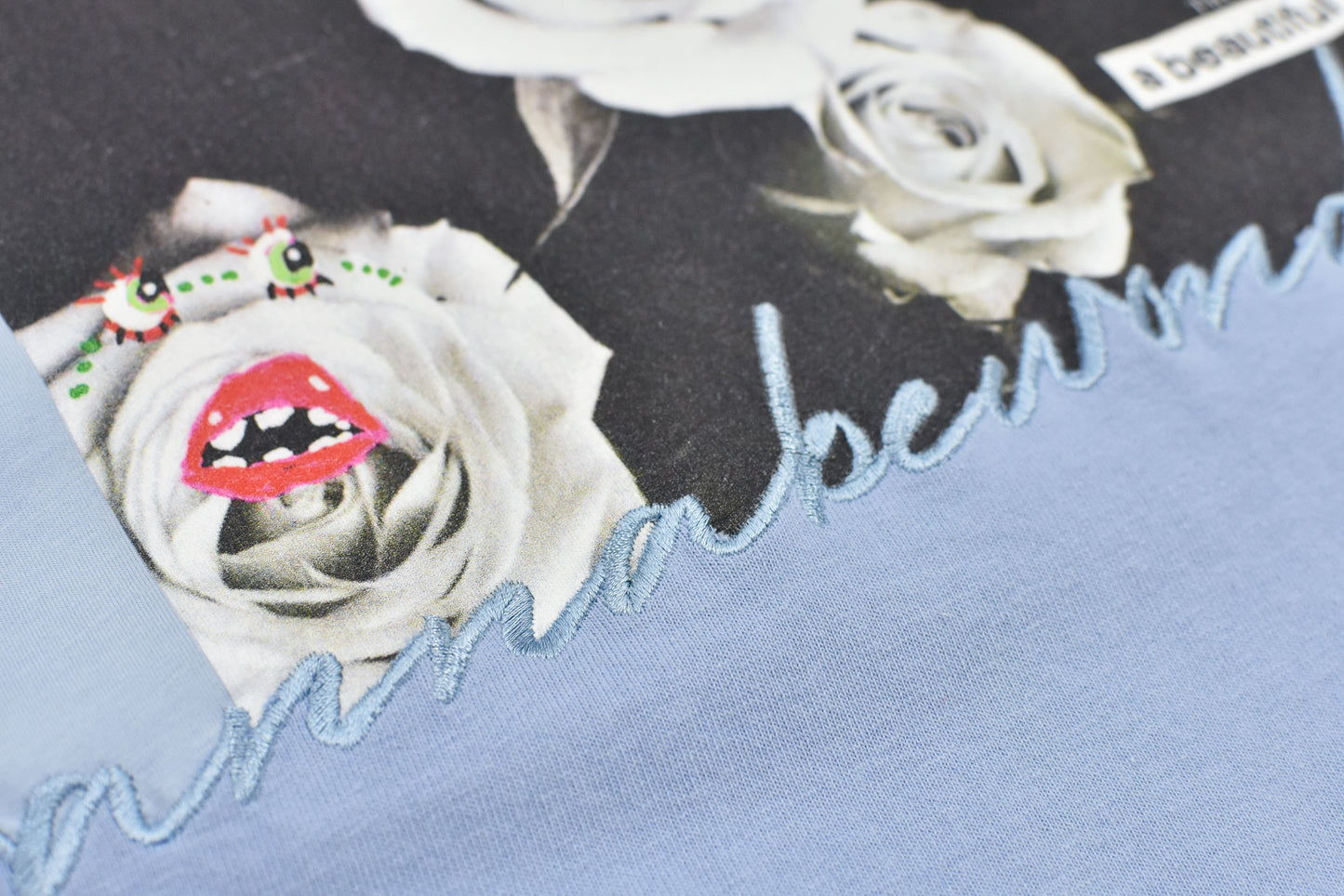 NewRose / Letter Embroidery Long Sleeve Shirt - SAX BLUE