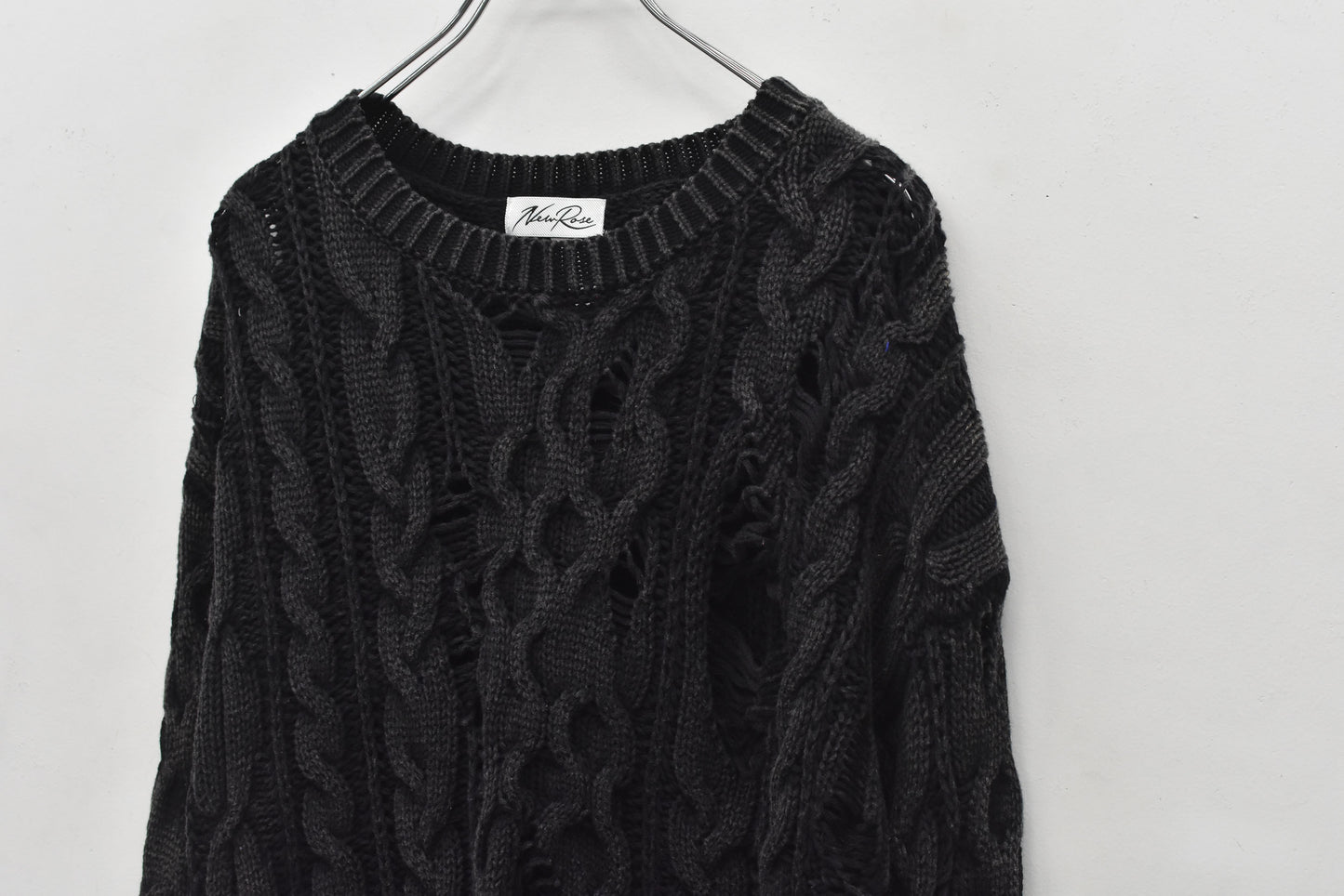 NewRose / Rope Knitting Pigment Destroy Pullover - BLACK
