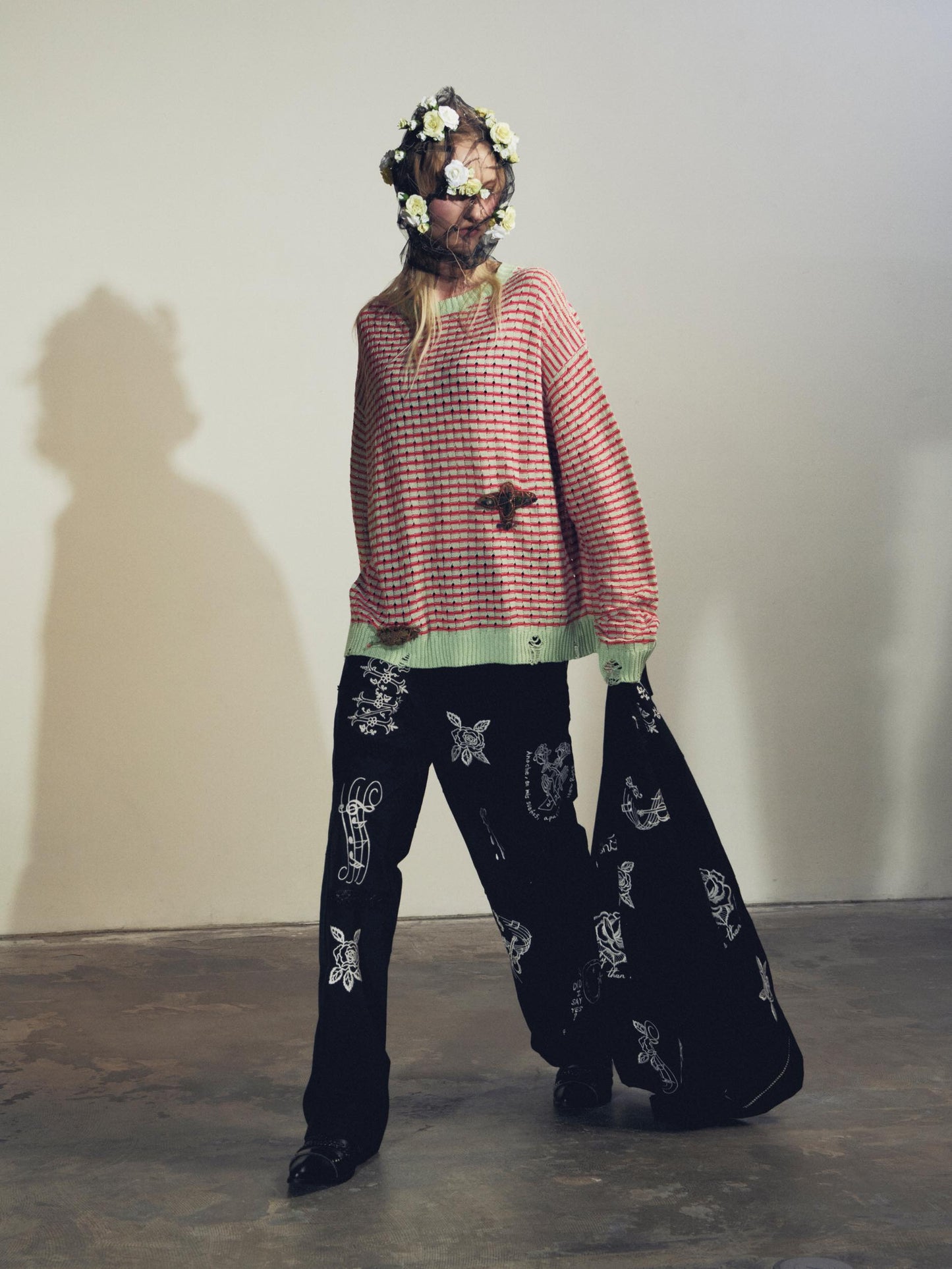 NewRose / Links Knitting Destroy Pullover - PEAL GREEN*ROSE PINK