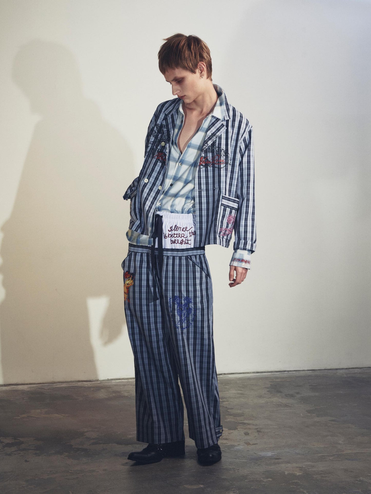 NewRose / Pajama Pants  Embroidery Print - GRAY STRIPE