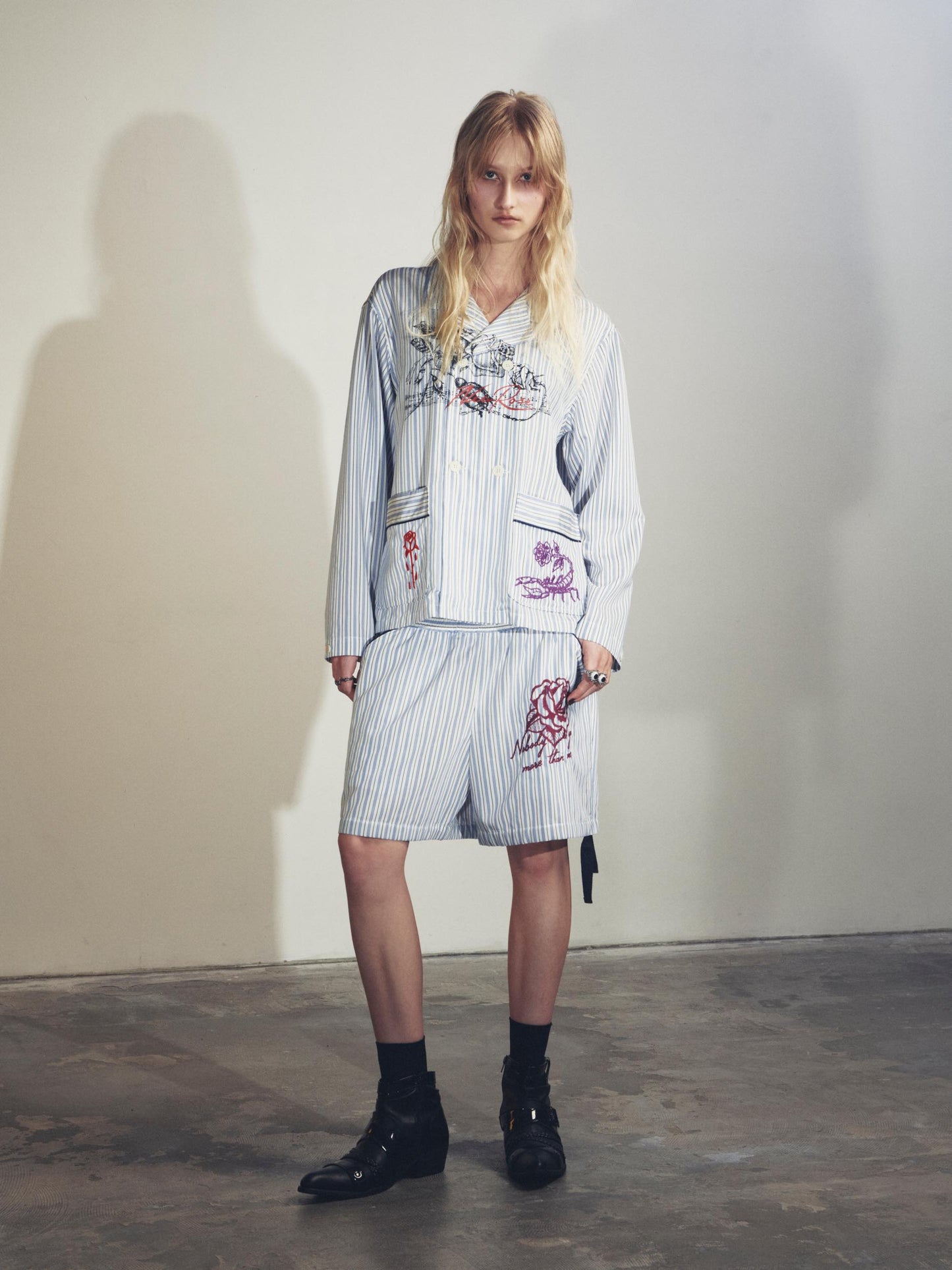 NewRose / Pajama Jacket Embroidery Print - GRAY STRIPE