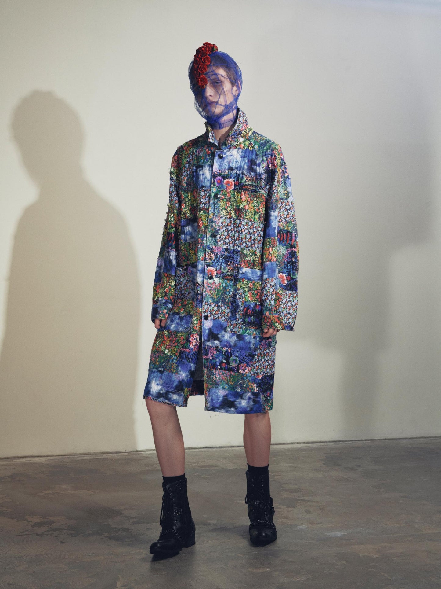 NewRose / Patchwork Quilt Raglan Sleeve Coat - BLACK